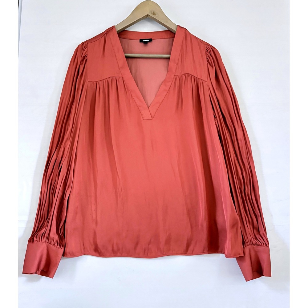 Express Womens Pleated Sleeve V-Neck Blouse Coral Terracotta Size M Long Sleeve